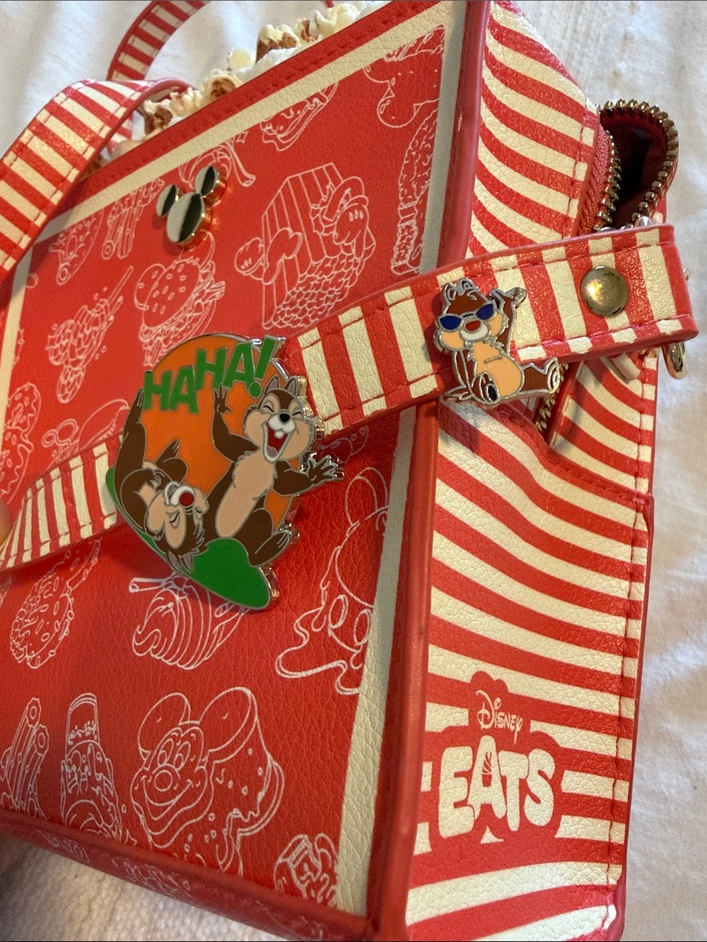 Disney Red Snack Print Crossbody with Striped Strap and Character Pin - Picture 5 of 9